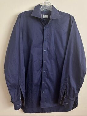 Stenströms Navy Fitted Body Twofold Cotton Shirt 17/43 Paisley Trim